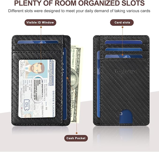 Slim Minimalist Front Pocket Thin Wallet RFID Blocking 100% Genuine Leather Credit Card Holder for men Women, with Gift Box-Carbon Fiber Leather Black
