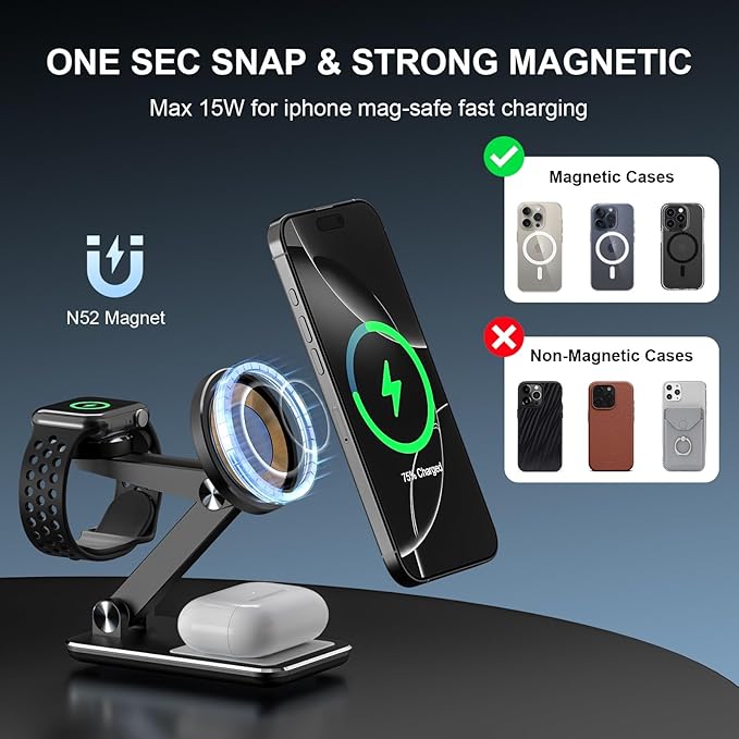 Wireless Charger 3 in 1,Foldable Wireless Charging Station for Apple MagSafe Charger,Aluminum Portable Magnetic Travel Charger Stand for iPhone,Watch,Aipods (with 20W Adapter & Case)