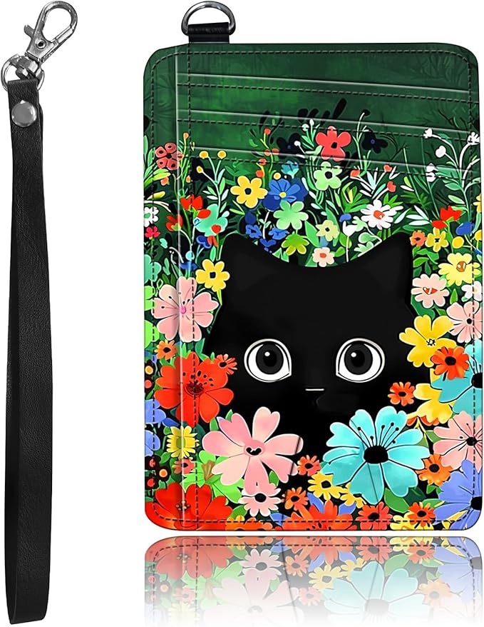 Slim Minimalist Front Pocket Wallet,Credit Card Holder Wallet for Women Men,RFID Blocking Credit Card Holder Case Leather Cute Small Thin Wallet ID Window&Wrist Strap,Cute Cat Floral