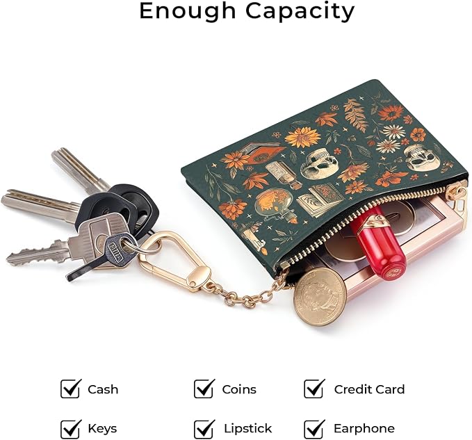 Halloween Goth Skull Keychain Coin Purse for Women, Vintage Gothic Skeleton Flower Book Small PU Leather Change Pouch, Zipper Little Tiny Travel Girls Wallet, Zip Pocket Key Ring Coin Holder