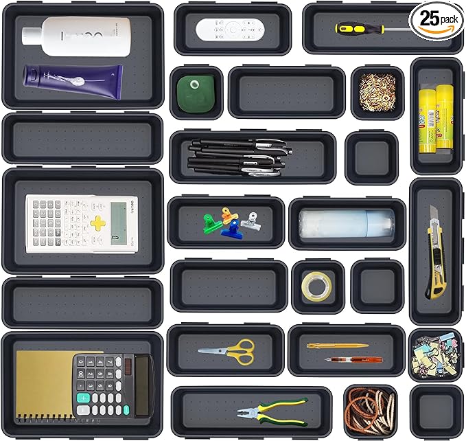 25 PCS Interlocking Desk Drawer Organizer Separator for Office,Bathroom,Kitchen,Makeup,Tool（4 Sizes）