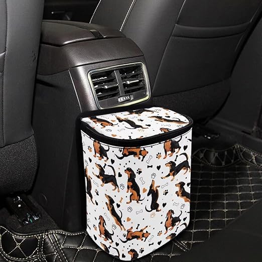 Biyejit Dachshund Dogs Car Trash Can with Lid and Storage Pockets - Leak-Proof Organizer, Waterproof Garbage Can, Multipurpose Trash Bin for Car