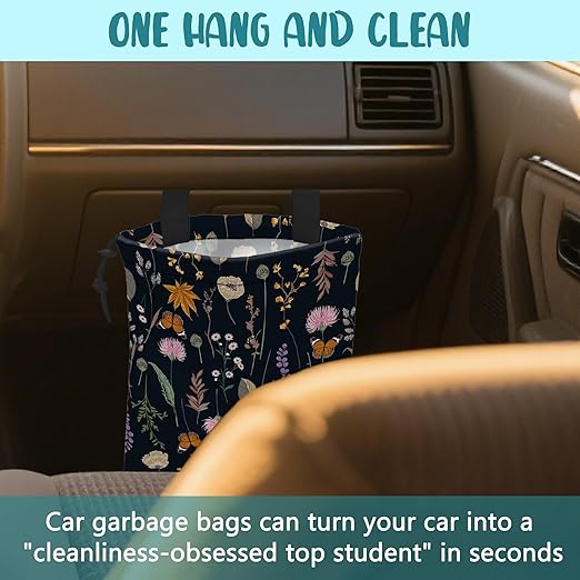 Car Garbage Bag Blooming Botanical Plants Drawstring Car Trash Bag Hanging for Back Seat with Adjustable Buckle Canvas Vehicle Trash Can Easy-to-Install
