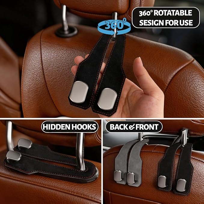 Car Headrest Hook 2 Pack, Universal Car Purse Holder for Back of Seat, Heavy Duty Leather Car Seat Hooks with Dual Metal Hooks, for Handbag, Grocery Bags, Water Bottle, Phone (Brown)