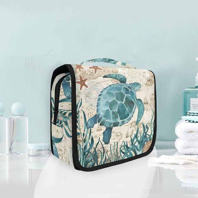 senya Hanging Travel Toiletry Bag Kit Makeup Case Cosmetics Organizer for Men Women (Sea Lives Turtle Coral)