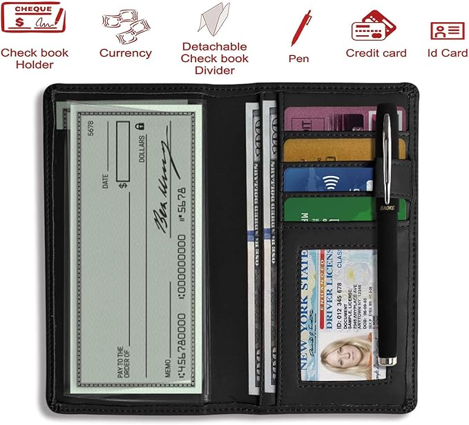 Sanlykate Leather Checkbook Cover for Men and Women, Check Book Case Card Holder with Free Divider, Standard Register Duplicate Checks with pen inserts