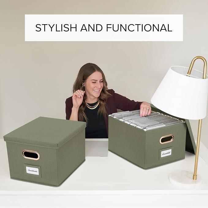 Decorative File Organizer Box Set of 2 - Collapsible Linen Filing Cabinets with Handles Are Perfect to Store All Your Documents & Hanging File Folders - Portable Easy Slide Office Crates with Lid
