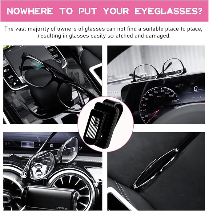 Ohleats Sunglasses Holder for Car Sun Visor, US Flag Metal Auto Eyeglass Hanger Clip, Multi-Function Ticket Card Clip Eyeglasses Mount, Truck Car Accessories for Men Women (Black)