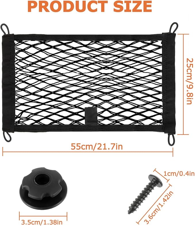 21.7'' x 9.8'' Universal Elastic Cargo Net Pocket with Screws & Hooks for Trunk RV Boats Home Cargo Storage – Keeps Items Secure & Organized(1 Pack)