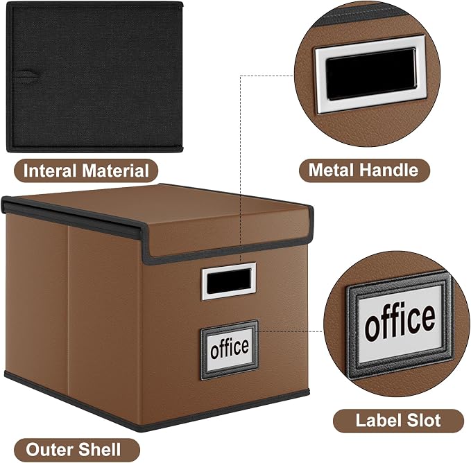 Faux Leather File Organizer Box with Lid, Collapsible Hanging File Folder Box Organizer with Plastic Slides, Decorative Home/Office Filing System Boxes for File and Folder Storage-Brown