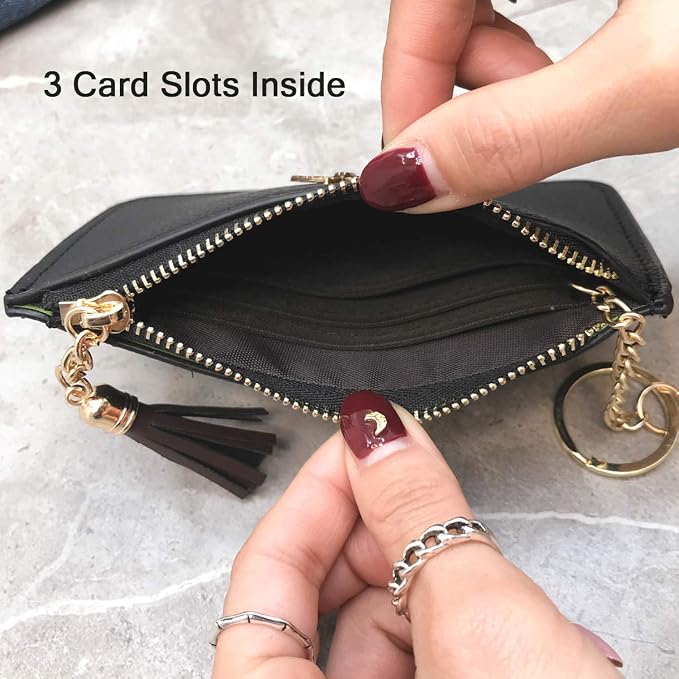 Coin Purse Change Wallet Pouch Leather Card Holder with Key Chain Tassel Zip(Pink)