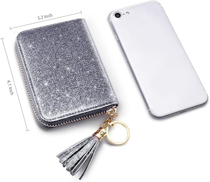 Coco Rossi Women's Small Credit Card Wallet RFID Cute Glitter Card Holder for Women, Grey