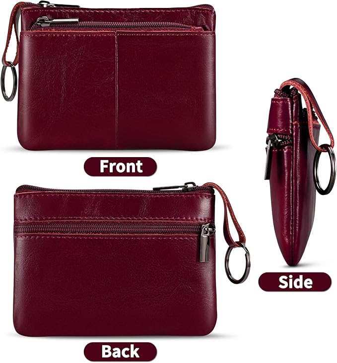 Wine Red Genuine Leather Multi-Functional Wallet - Compact Card Holder, Coin Purse & Key Organizer with 3 Zippers, Built-in Key Ring, Perfect for Travel, Work & Daily Use