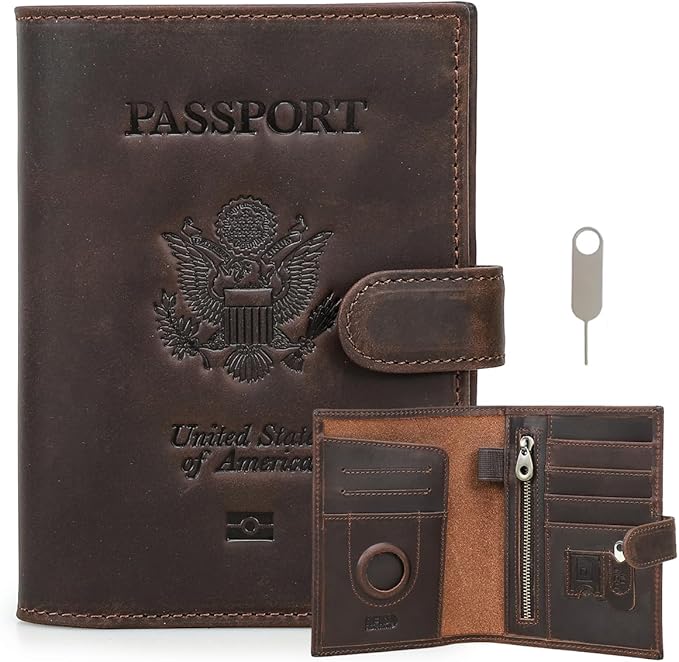 CONTACTS Full Grain Leather Passport Holder Compatible with Airtag RFID Blocking Passport Wallet for Men Travel Passport Cover with SIM Card Removal Tool (Bagde, Dark Brown)
