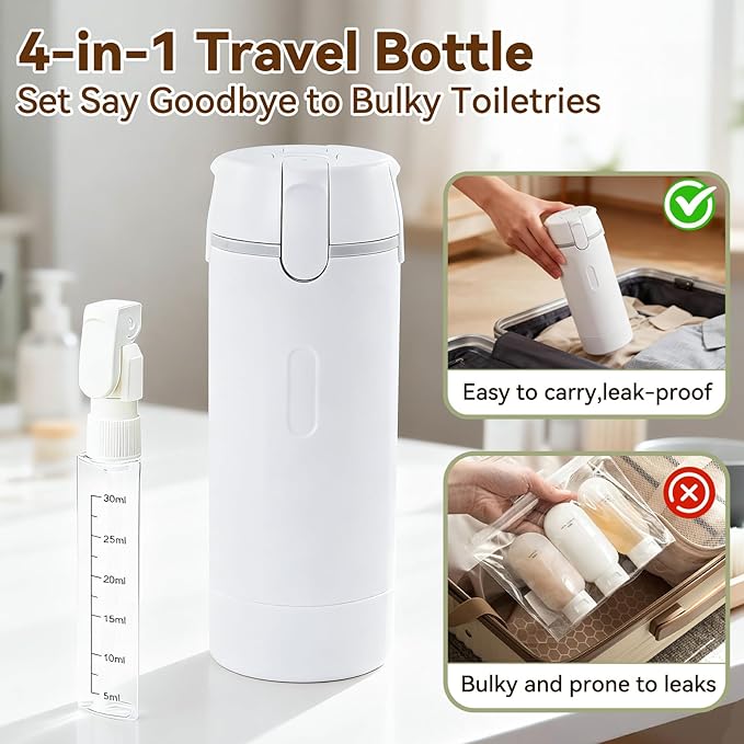 4 in 1 Travel Dispenser,Travel Shampoo and Conditioner Bottles,Refillable Leak Proof Containers Toiletries for Vacation and Business Travel120ML White