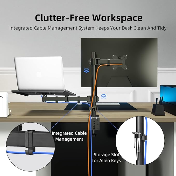 Suptek Monitor and Laptop Mount Holds 13-32 inch Computer Screen, Adjustable Monitor Arm Stand with Laptop Tray for 13-27 inch, Hold 22 lbs, with Clamp and Grommet Mounting Base