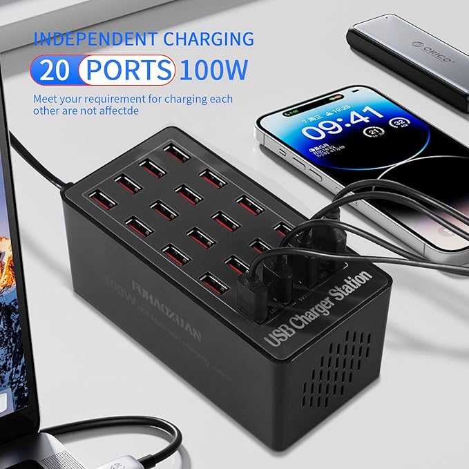 Charging Station, 100W 20-Port USB Multi Device Charger Hub with Intelligent Safety Features, Compact Power Strip for Phones, Watches, Pads, Speakers, Headphones & PS, Ideal for Home Office & Travel