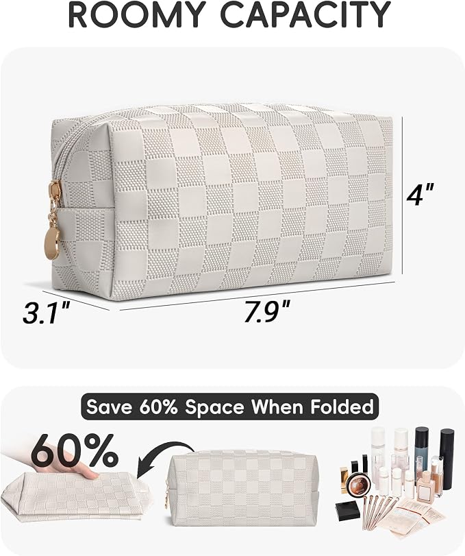 Checkered Makeup Bag for Purse - Cute PU Leather Travel Cosmetic Pouch for Women, Portable Flat Toiletry Organizer with Gold Zipper(white)