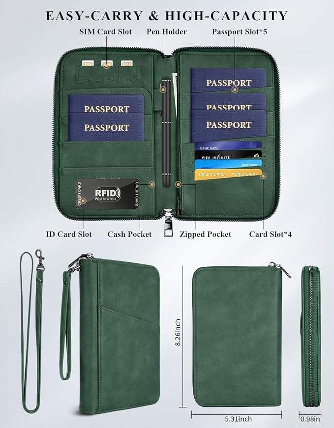 Family Passport Holder Wallet RFID Travel Document Organizer for Women Men, Portable Case Cover for Cards, Boarding Pass with Wrist & Neck Double Strap, Travel Christmas Gifts (Charcoal Green, 1pack)