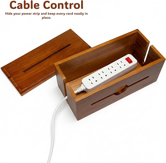 Wooden Cable Management Box for Power Strips, Desk Cord Organizer for Home Office & TV Stand, Hidden Cable Storage with Phone Stand