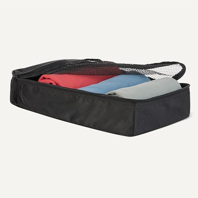 Amazon Essentials 4-Piece Space-Saving Packing Cubes Travel Accessories Set, Luggage Organizer with Double Zipper, Mesh Top, Small/Medium/Large/Slim, Black (Previously Amazon Basics)