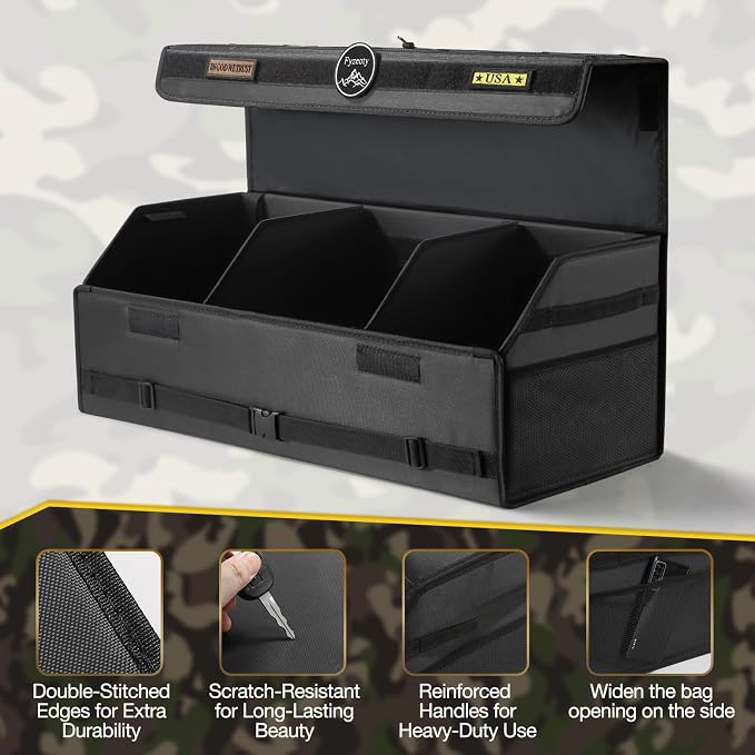 Fyzeoty Car Organizers and Storage - Trunk Organizer for Suv Car, Car Trunk Oxford Cloth Storage Box, Extra Large, Tactical Style Lid, Collapsible and Adjustable Tactical-Black
