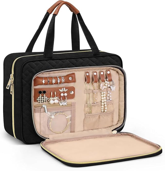 Wedama Toiletry Bag for Women, Hanging Travel Toiletry Bag with Jewelry Organizer Compartment Medium Makeup Bag, PVC Waterproof Cosmetic Travel Bag Trips Camping Bathroom, Black+Brown