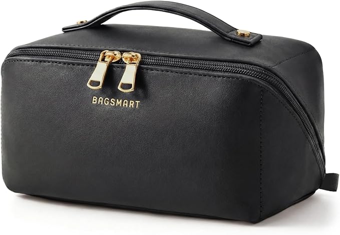 BAGSMART Makeup Bag Travel Cosmetic Bag, Large Make Up Bag Flat Open Toiletry Bag for Women, Waterproof PU Leather Travel Essentials Organizer Case, Wide-open Pouch Purse for Skincare, Brushes, Black