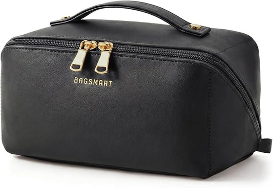 BAGSMART Makeup Bag Travel Cosmetic Bag, Large Make Up Bag Flat Open Toiletry Bag for Women, Waterproof PU Leather Travel Essentials Organizer Case, Wide-open Pouch Purse for Skincare, Brushes, Black