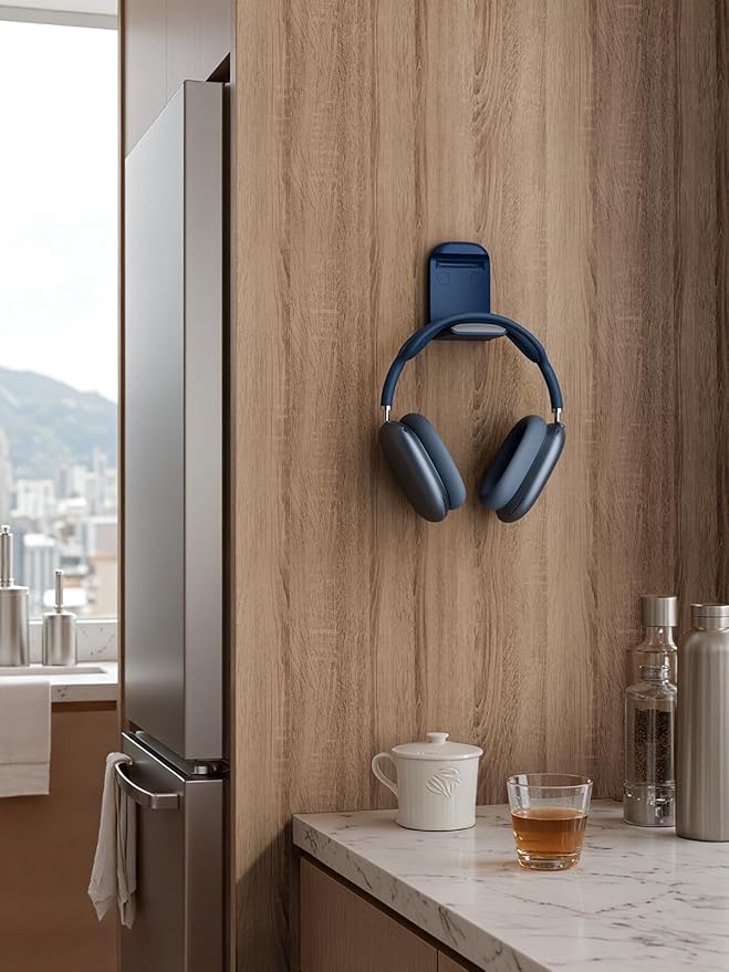 MAMUVIMO Headphone Stand, 2 Pack Headset Stand Foldable＆Sticky, Headphone Holder Hook Mount with Non-Slip Silicone, Adhesive Earphone Desk Hanger Clip Space-Saving for Airpods Max, All Earphones- Blue