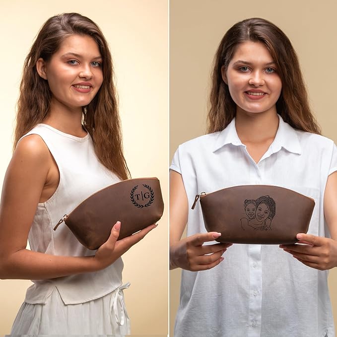 Blade Premium Personalized Genuine Leather Cosmetic Makeup Bag - Wedding Gift for Bridesmaid, Travel Organizer Clutch for Women with Zipper Pouch for Toiletry Essentials (Tobacco)