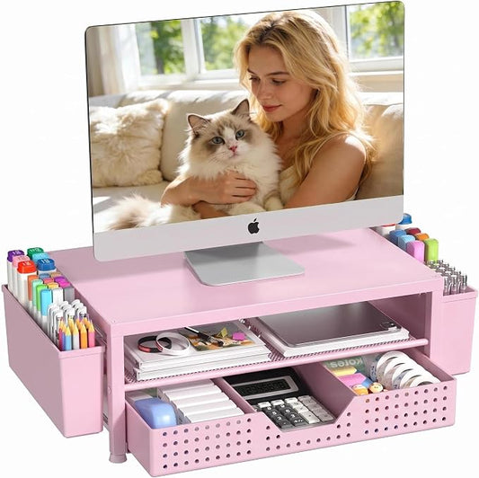 OPNICE Desk Organizers and Accessories, 2-Tier Computer Monitor Stand Riser with Drawer and 2 Pen Holders, Laptop Stand, Office Desk Accessories for Office Supplies, Pink