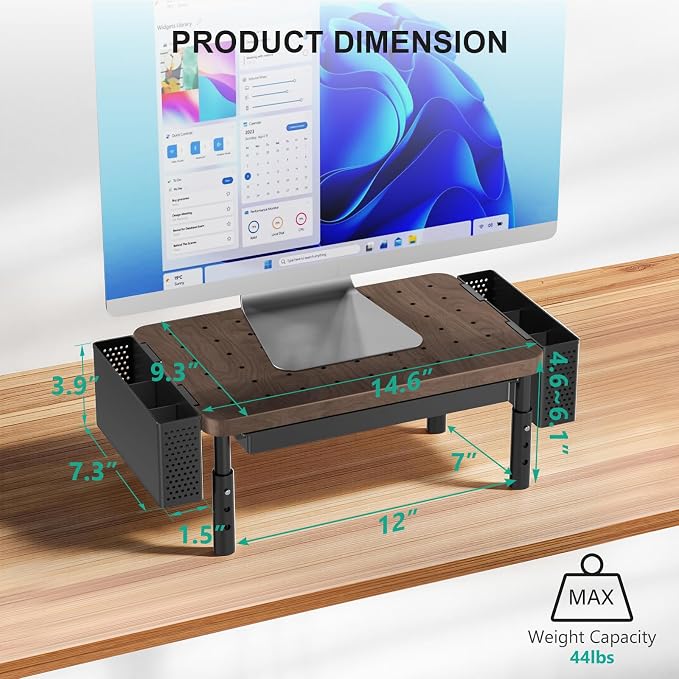 WALI Plastic Computer Monitor Stand with Storage, Desk Organizer with Drawer and Pen Holder, Desk Monitor Riser 3 Height Adjustable, Laptop Riser for Computer, Laptop, Printer(PTT003-C), 1 Pack, Brown