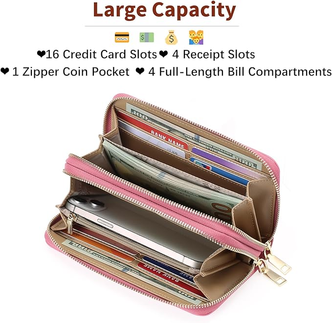 GOIACII Women's Wallet Large Capacity Double Zip Ladies Card Phone Holder RFID Blocking Wristlet Leather