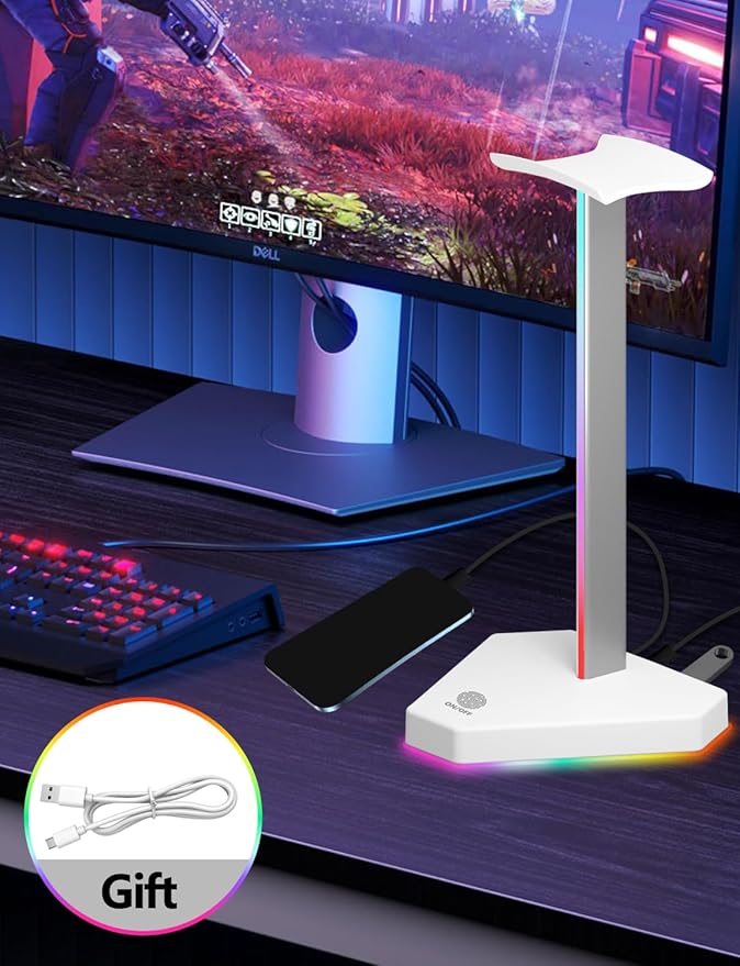 RGB Headphone Stand with 2 USB-C Charging Port and 1 USB Charging Port, Desk Gaming Headset Holder with 7 Light Modes and Non-Slip Rubber Base Suitable for All Earphone Accessories (White)