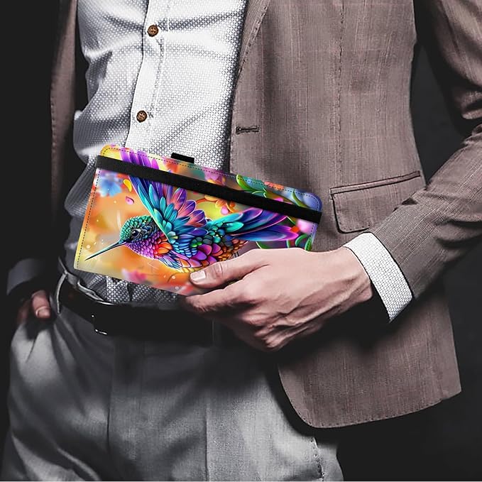 Leather Checkbook Covers for Men Women Check book Holder Cover Wallets for Personal Checkbook Duplicate Checks with RFID Blocking & Elastic Strap-Colorful Hummingbird with Flower