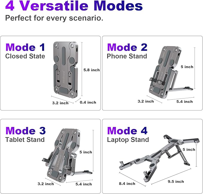 Ergonomic Laptop Stand for Desk, 3-in-1 Adjustable Aerospace Aluminum Riser, Foldable 3-Mode Holder, Sturdy Non-Wobble Ventilated, Fits 10-16" Laptops Tablets Phones, 0.6lb Ultra-Light (Gunmetal Grey)