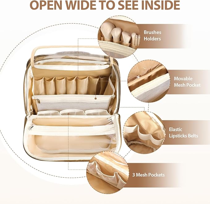 Makeup Bag, Large Capacity with Room for Brushes and Mirror, Travel Makeup Organizer, Portable Standing Make Up Case, Waterproof Cosmetic Toiletry Bags with Handle, Color Brown