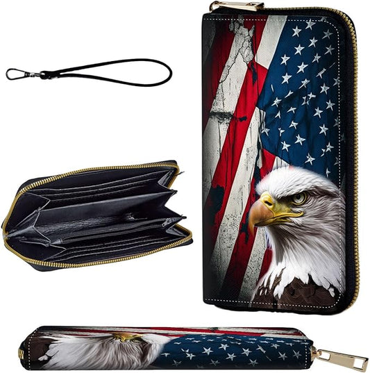 Wallet,Leather Long Wallet Suitable For Ladies And Teenagers - Detachable Wristband + RFID Travel Wallet With Card Slot - Bald Eagle American Flag