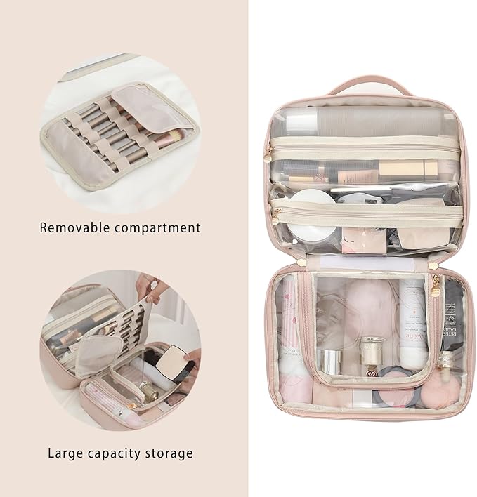 RIGHT AWAY Travel Toiletry Bag for Women,Large Makeup Bag& Cases,Waterproof Cosmetic Organizer Bag with Compartments,Portable Make Up Bag for Travel Size Toiletries,Skincare,Brushes Set,Pink