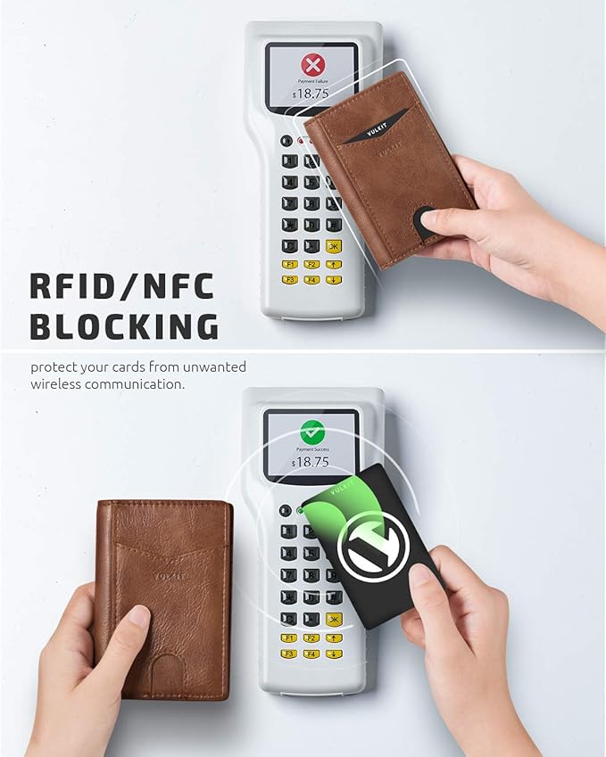 VULKIT Bifold Front Pocket Slim Wallet RFID Blocking Minimalist Thin Leather Credit Card Holder Wallet for Men and Women Brown