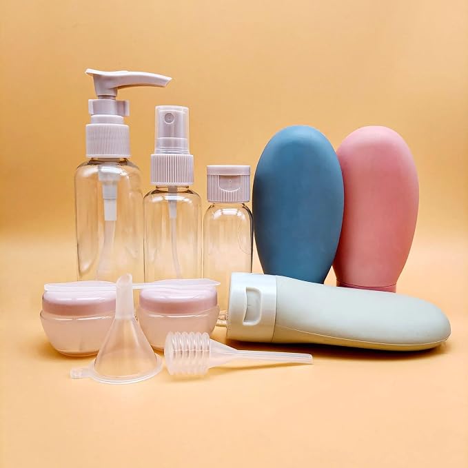 Refillable Travel Bottles Set for Toiletries, Leak Resistant Silicone & Plastic Empty Containers for Shampoo Lotion Conditioner, Carry On Size with Clear Zip Pouch
