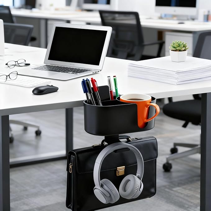 Desk Cup Holder 4 in 1 Detachable Clamp-on Under Desk Headphone Hanger for Expanding Office Pen Organizer Desktop Storage for Cup Phone Pen (Black)