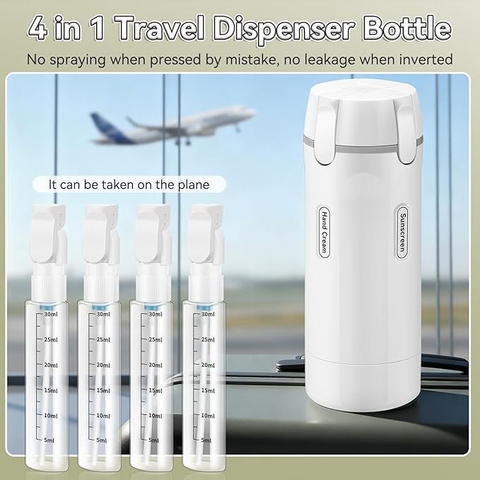 4 in 1 Travel Dispenser Bottle, 30ML*4 Refillable Pack Squeeze Bottles, Portable Leak Proof Travel Toiletry Containers for Toiletries/Shampoo/Conditioner/Shower Gel (White)