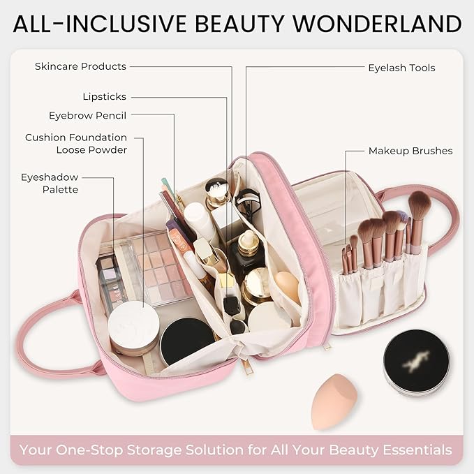 Travel Makeup Bag for Women Fashion Large Capacity Pouch Open Flat Cosmetic Portable Organizer Waterproof Large Opening Storage Toiletry Bags Vertical Free-Standing Brush Holder for Easy Access Pink
