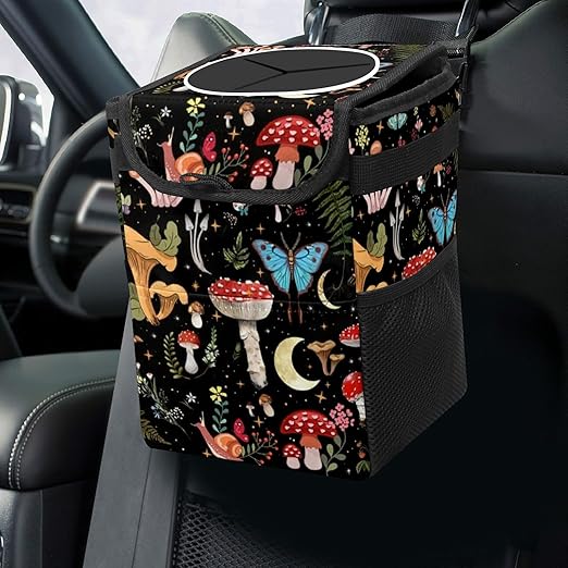 Car Trash Can with Lid Vintage Mushroom Ferns Floral Collapsible Reusable Leak-Proof Auto Garage Bag,Hanging Vehicle Car Accessories Interior Car Organizer