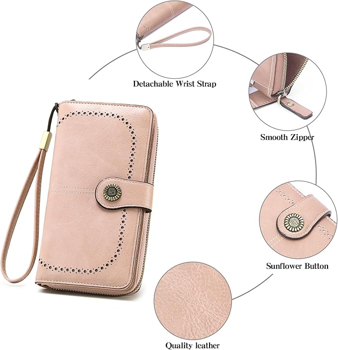 RNIEGA Womens Wallet Leather Billfold RFID Blocking Credit Card Holder Wristlet Wallets for Women Ladies Purses with Zipper Coin Pocket