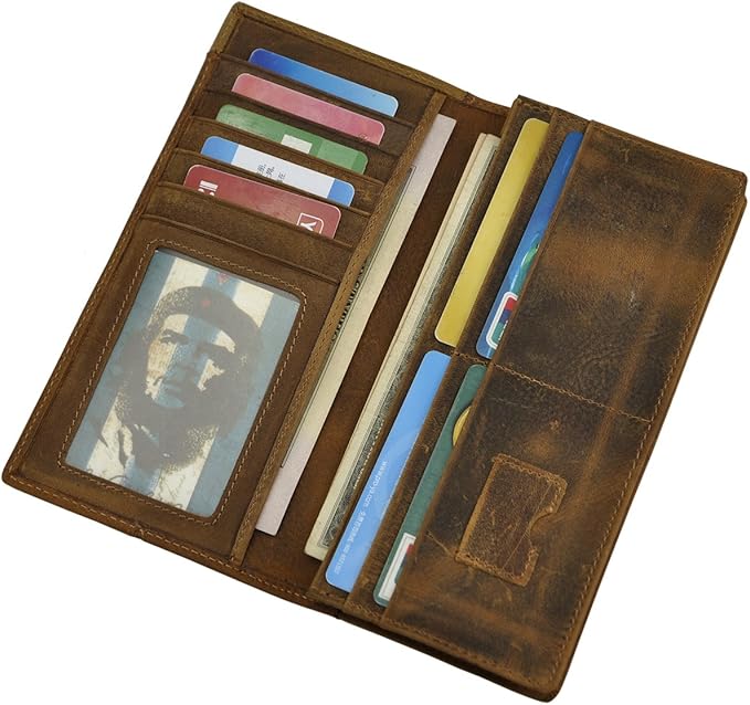 Le'aokuu Mens Genuine Leather Bifold Wallet Organizer Checkbook Card Case (1019 Light Brown)