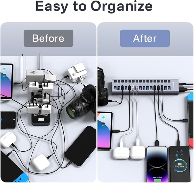 Powered USB 3.2 Hub, ACASIS 16 Ports USB 3.2 Hub with 10Gbps Data Speed，Aluminum Housing, USB Hub Powered with 96W Power Adapter, USB Hub for PC/Laptop, Computer, Flash Drive, Printer, Camera