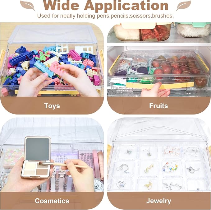 Clear Storage Boxes with Lid - A4 Transparent Paper Storage Organiser with Handle and Portable Project Case Organizer for Storing Certificates, Scrapbook, Toys, and Invoices (Yellow Handle)